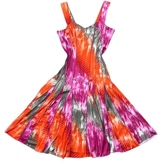 VTG Y2K Tango Mango Fuchsia Pink & Orange Tie Dye Flared Mini Skater Dress S - Picture 1 of 7